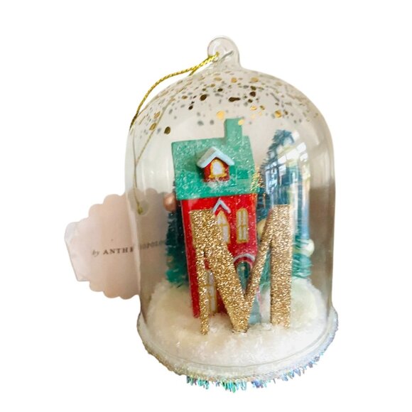 Anthropologie Festive Letter M Snow Globe Ornament Village House and Trees New - Picture 5 of 5